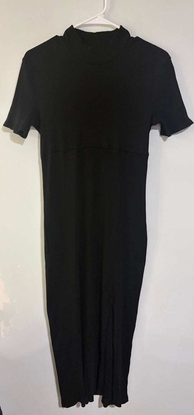 Zara Black Ribbed Mock Neck Short Sleeve Bodycon Midi Dress Large